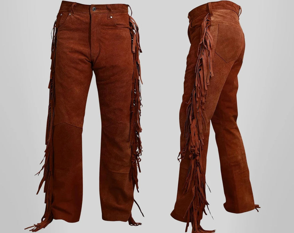 Men's Cowboy Native American Brown Fringe Suede Leather Pant
