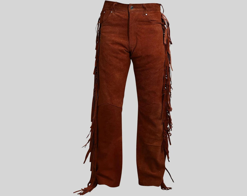 Men's Cowboy Native American Brown Fringe Suede Leather Pant
