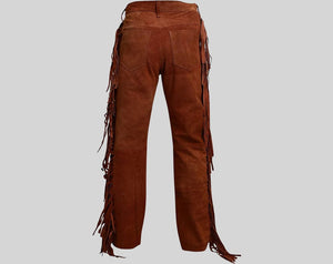 Men's Cowboy Native American Brown Fringe Suede Leather Pant