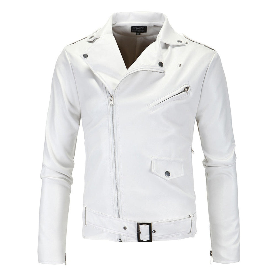 Men's White Casual Lapel Slim Fit Diagonal Zipper Motorcycle Leather Jacket