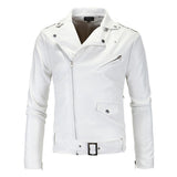 Men's White Casual Lapel Slim Fit Diagonal Zipper Motorcycle Leather Jacket