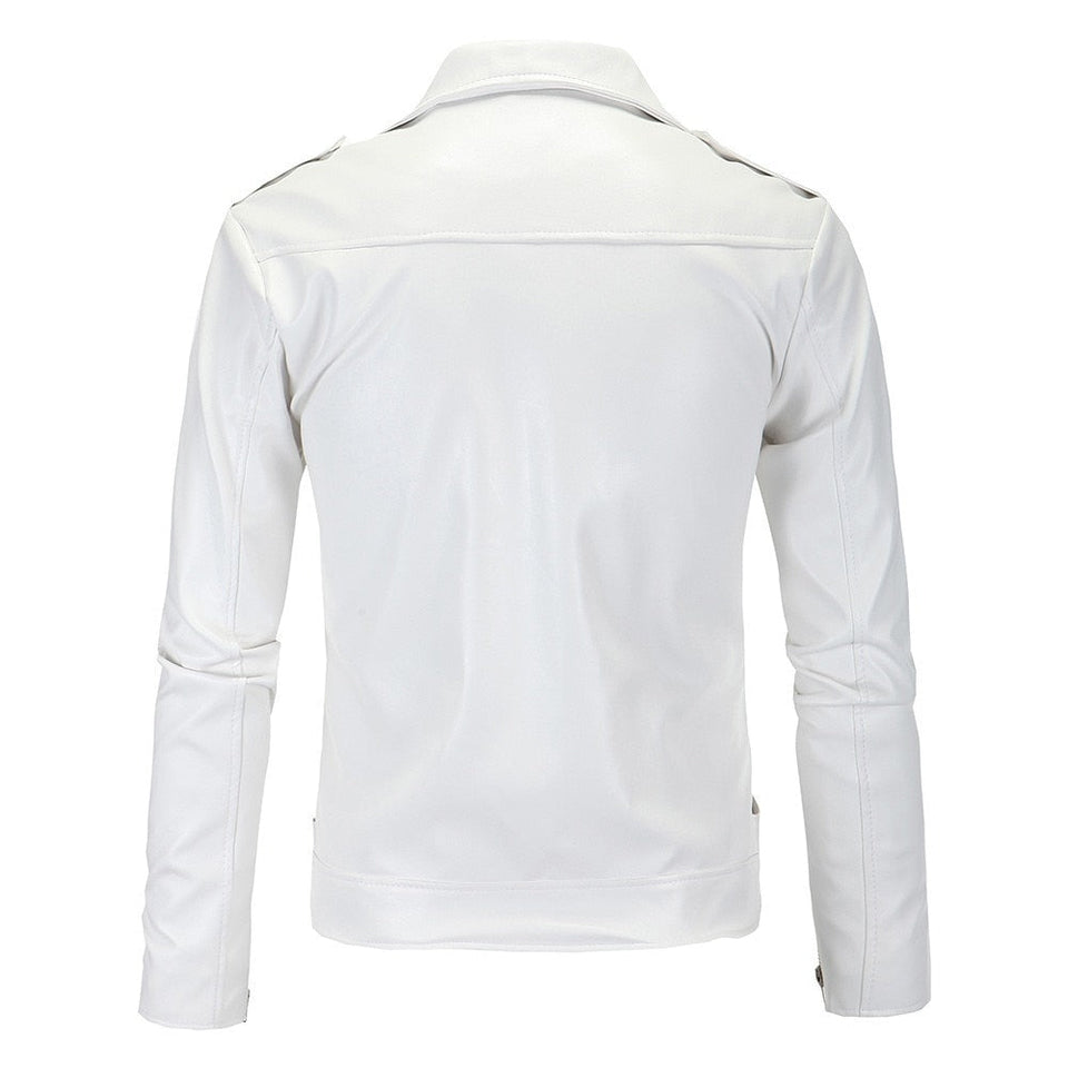 Men's White Casual Lapel Slim Fit Diagonal Zipper Motorcycle Leather Jacket