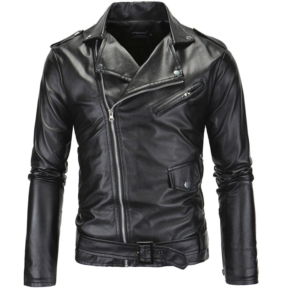 Men's White Casual Lapel Slim Fit Diagonal Zipper Motorcycle Leather Jacket