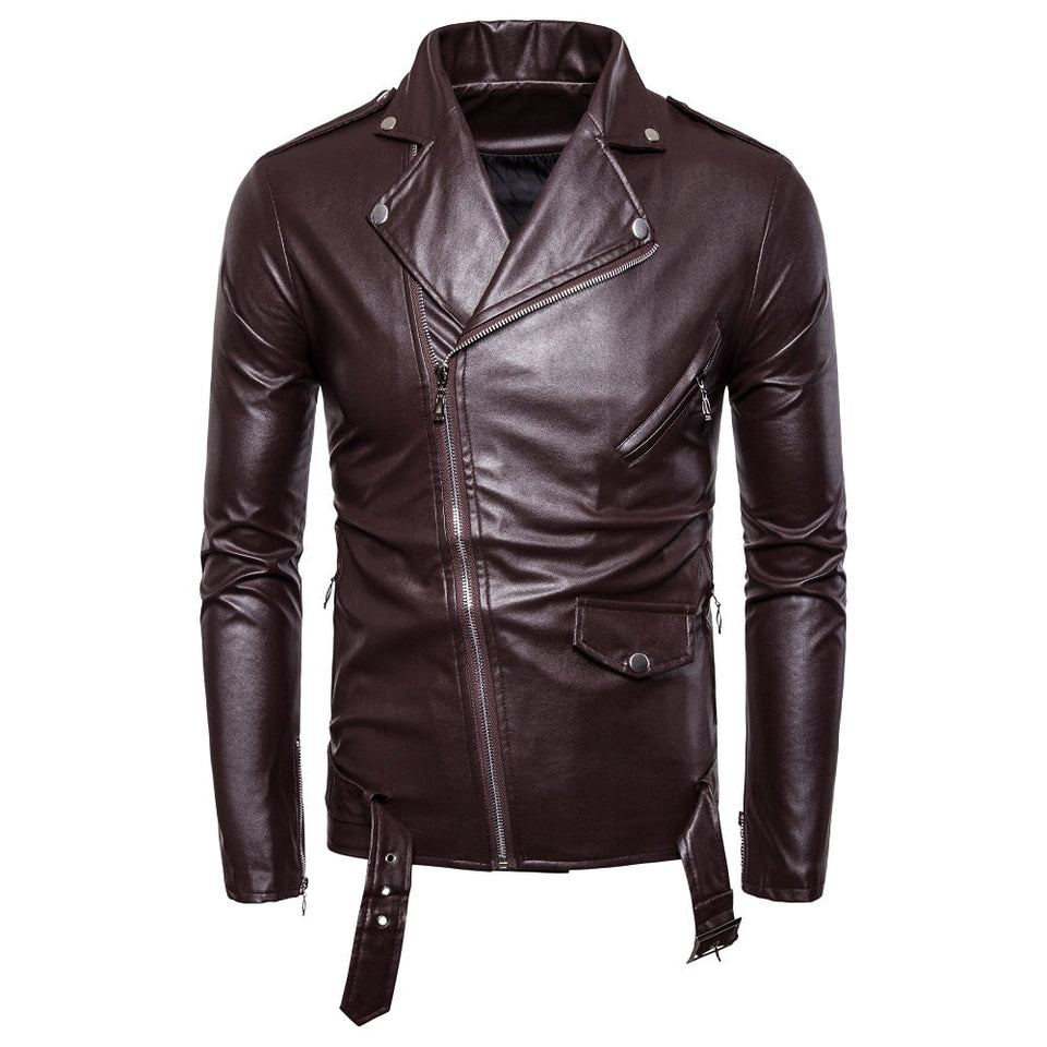 Men's White Casual Lapel Slim Fit Diagonal Zipper Motorcycle Leather Jacket