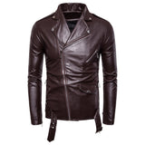 Men's White Casual Lapel Slim Fit Diagonal Zipper Motorcycle Leather Jacket