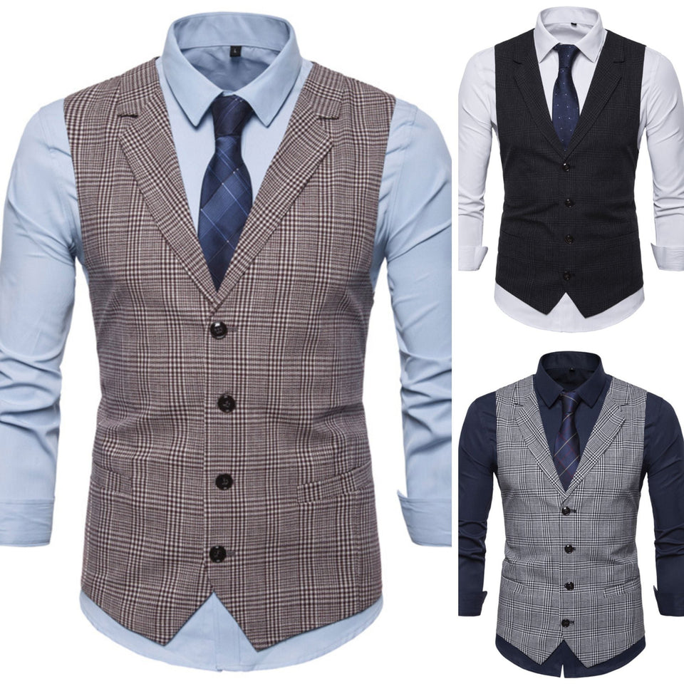 Men's Suit Vest Slim Fit Thin Plaid Men Waistcoat