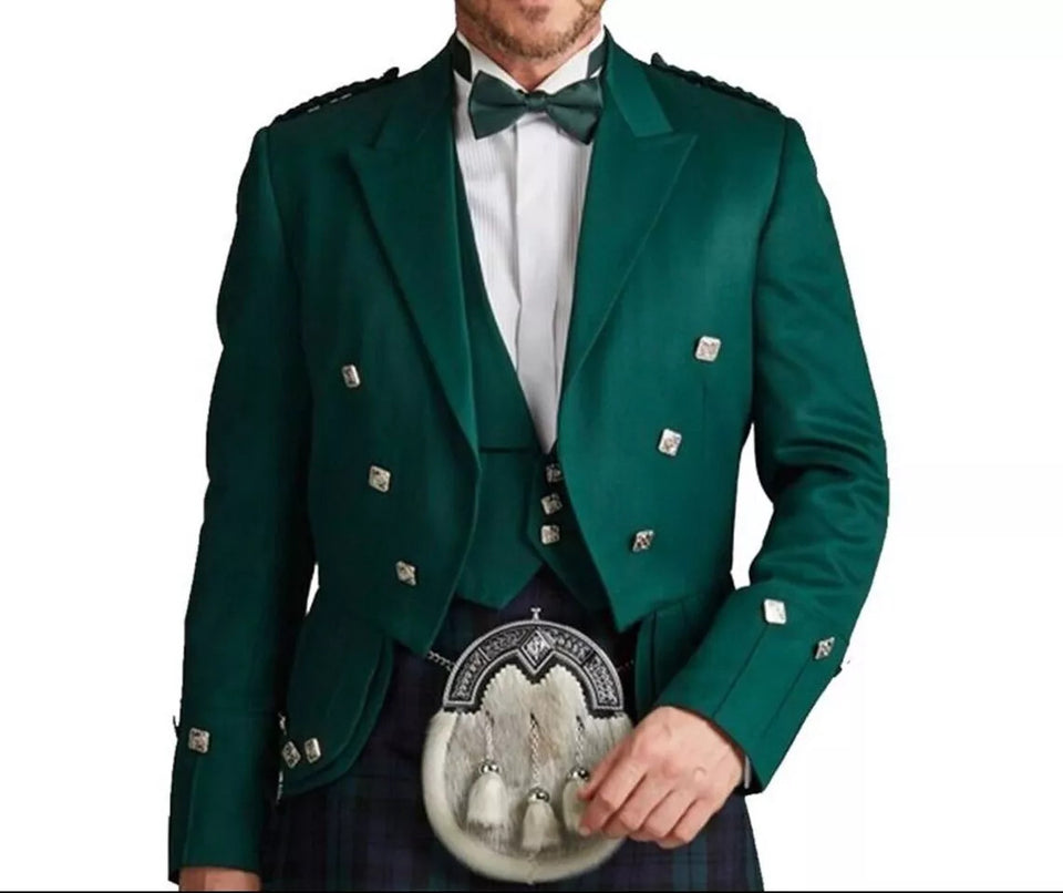 Green Wool Prince Charlie Kilt Jacket | Doublet Piper Jacket for Men | Traditional Scottish Formal Wear