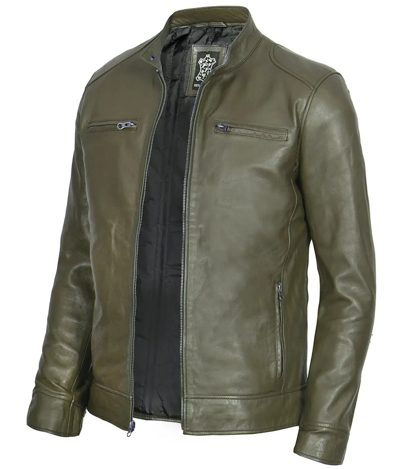 Men's Green Cafe Racer Real Leather Jacket