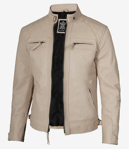 Men's Leather Classic Beige Cafe Racer Biker Jacket – Timeless Style & Premium Quality