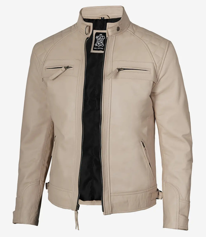 Men's Leather Classic Beige Cafe Racer Biker Jacket – Timeless Style & Premium Quality