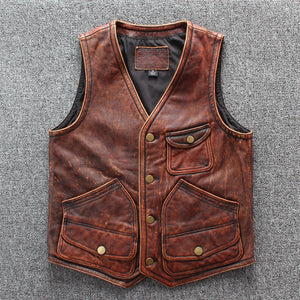 Brown Men American Casual Style Leather Vest