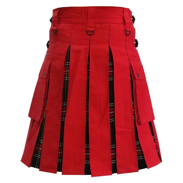 Men's Red Cotton And Black Stewart Tartan Modern Hybrid Deluxe Utility Kilt For Men