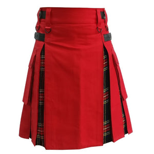Men's Red Cotton And Black Stewart Tartan Modern Hybrid Deluxe Utility Kilt For Men