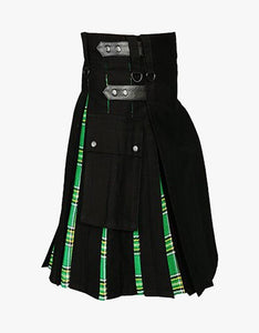 Men's modern kilt Black Cotton & Irish Green Tartan Hybrid Kilt