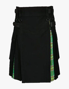 Men's modern kilt Black Cotton & Irish Green Tartan Hybrid Kilt