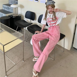 Women Jeans High Waist New Summer Pink  Wide Leg Trouser Casual Pants