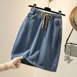Plus Size Fashion Bottoms Elastic Waist Lace-Up Blue Jeans Summer Casual Streetwear Pockets Short Skirt