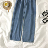 Women Pants Straight Solid Color High Waist Trouser Fashion Girl Student Jeans