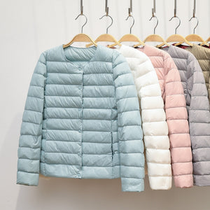 Women Down Coat Ultralight Collarless Duck Down Jacket Portable Padded Parkas O-Neck Puffer Overcoat