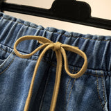 Plus Size Fashion Bottoms Elastic Waist Lace-Up Blue Jeans Summer Casual Streetwear Pockets Short Skirt