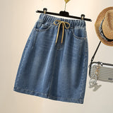 Plus Size Fashion Bottoms Elastic Waist Lace-Up Blue Jeans Summer Casual Streetwear Pockets Short Skirt