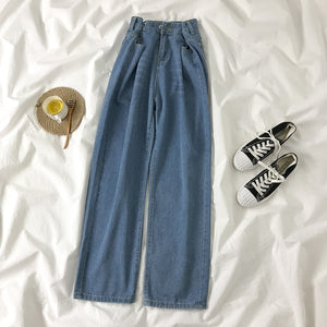 Women  Pants Straight Solid Color High Waist Trouser Fashion Girl Student Jeans