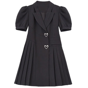 Women Black Dress Vintage Love Puff Short Sleeve Suit Collar 