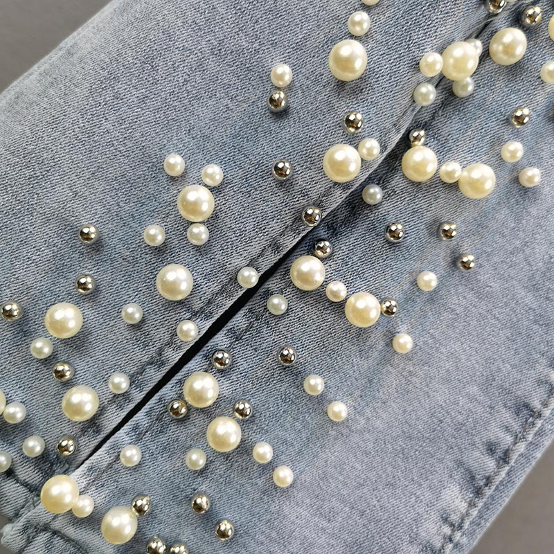 Irregular Split Pearl Flared Jeans for Women
