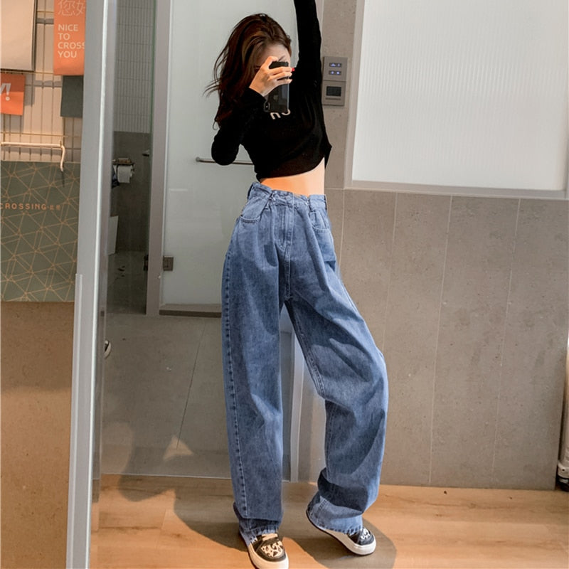 Women  Pants Straight Solid Color High Waist Trouser Fashion Girl Student Jeans