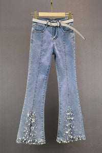 Irregular Split Pearl Flared Jeans for Women