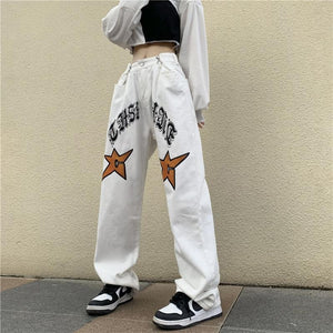 High Waist Women White Jeans Korean Fashion Street wear Wide Leg Jeans Female Pants