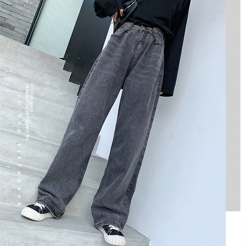Women Pants Straight Solid Color High Waist Trouser Fashion Girl Student Jeans