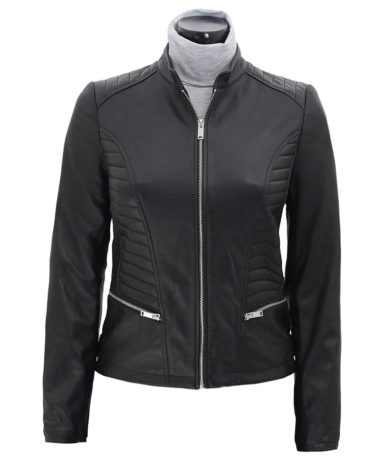 Womens Black Slim Fit Leather Jacket - Fashions Garb