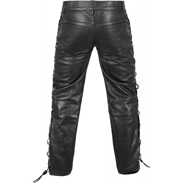 Mens Side Laces Thick Black Leather Motorcycle Pants