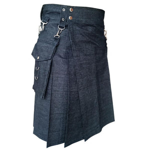 Mens Black Detachable Pocket Denim Utility Kilt