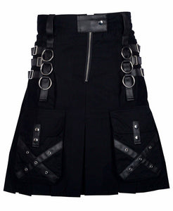 Utility Black Cotton Gothic Kilt Cargo Pockets Modern Gothic Fashion Kilt