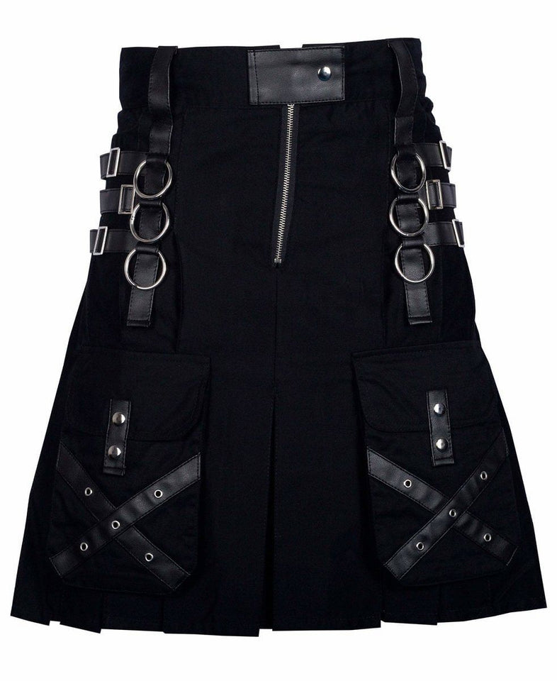 Utility Black Cotton Gothic Kilt Cargo Pockets Modern Gothic Fashion Kilt