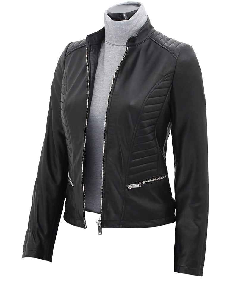 Womens Black Slim Fit Leather Jacket - Fashions Garb
